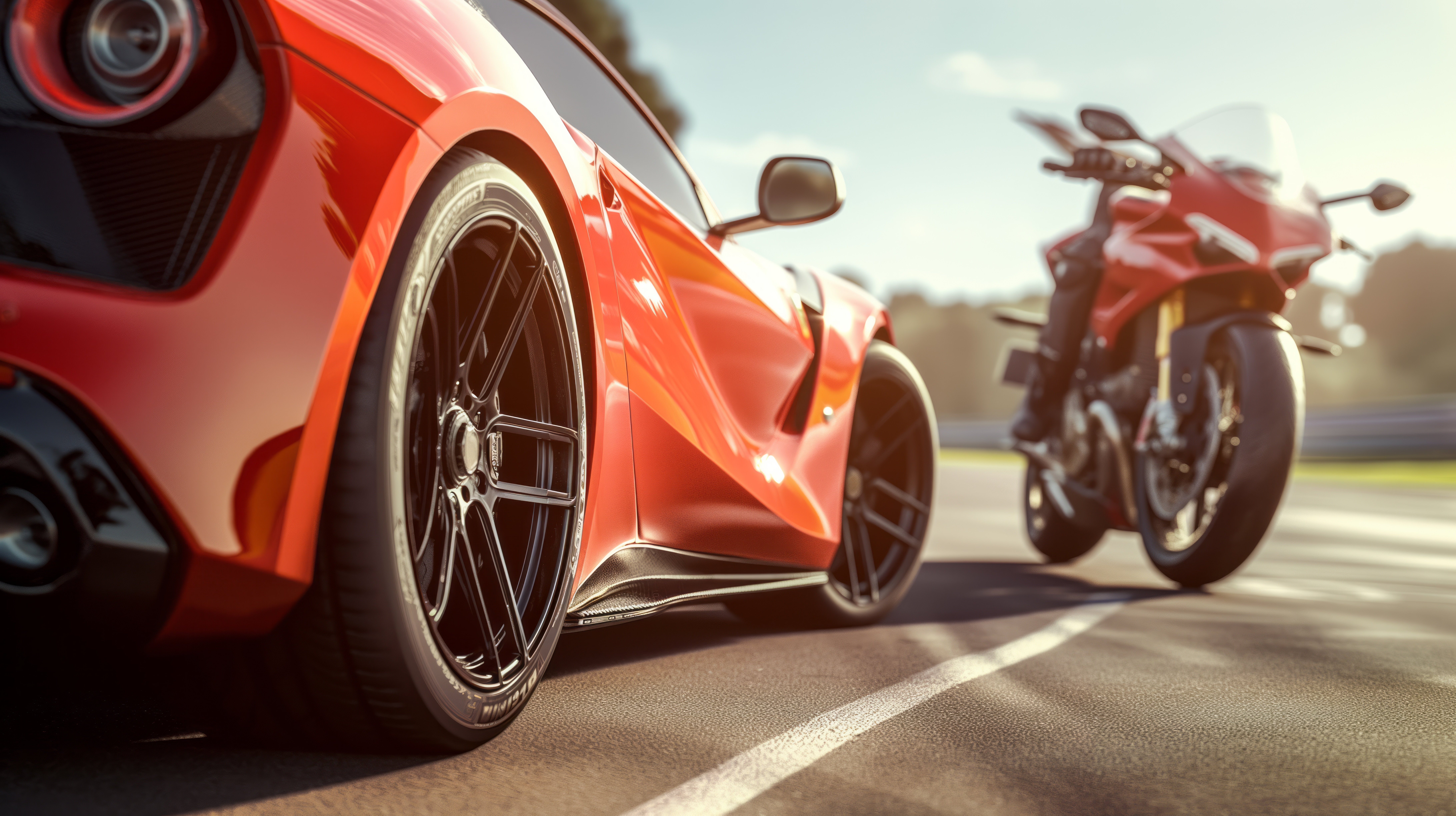 a red sports car next to a motorcycle