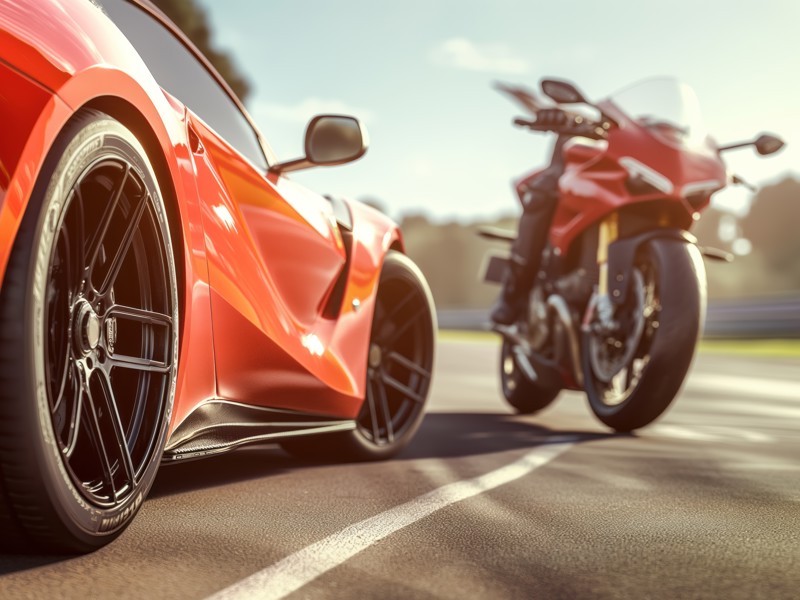 a red sports car next to a motorcycle