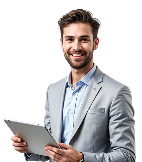 Eine Person in einem Anzug, die ein Tablet hält