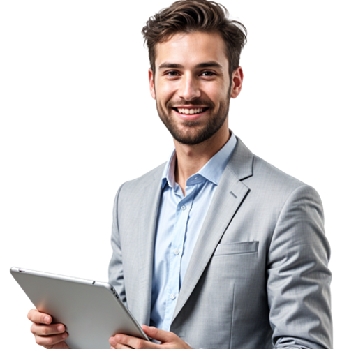 Eine Person in einem Anzug, die ein Tablet hält