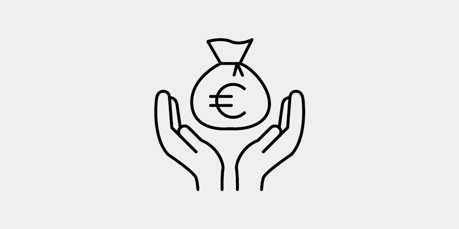a black and white icon of hands holding a bag of money