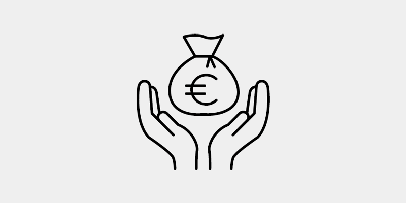 a black and white icon of hands holding a bag of money