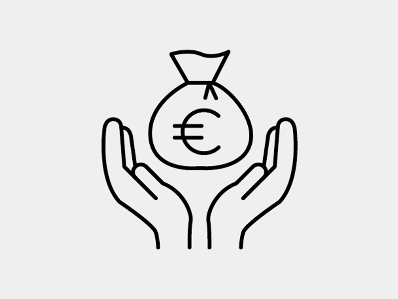 a black and white icon of hands holding a bag of money