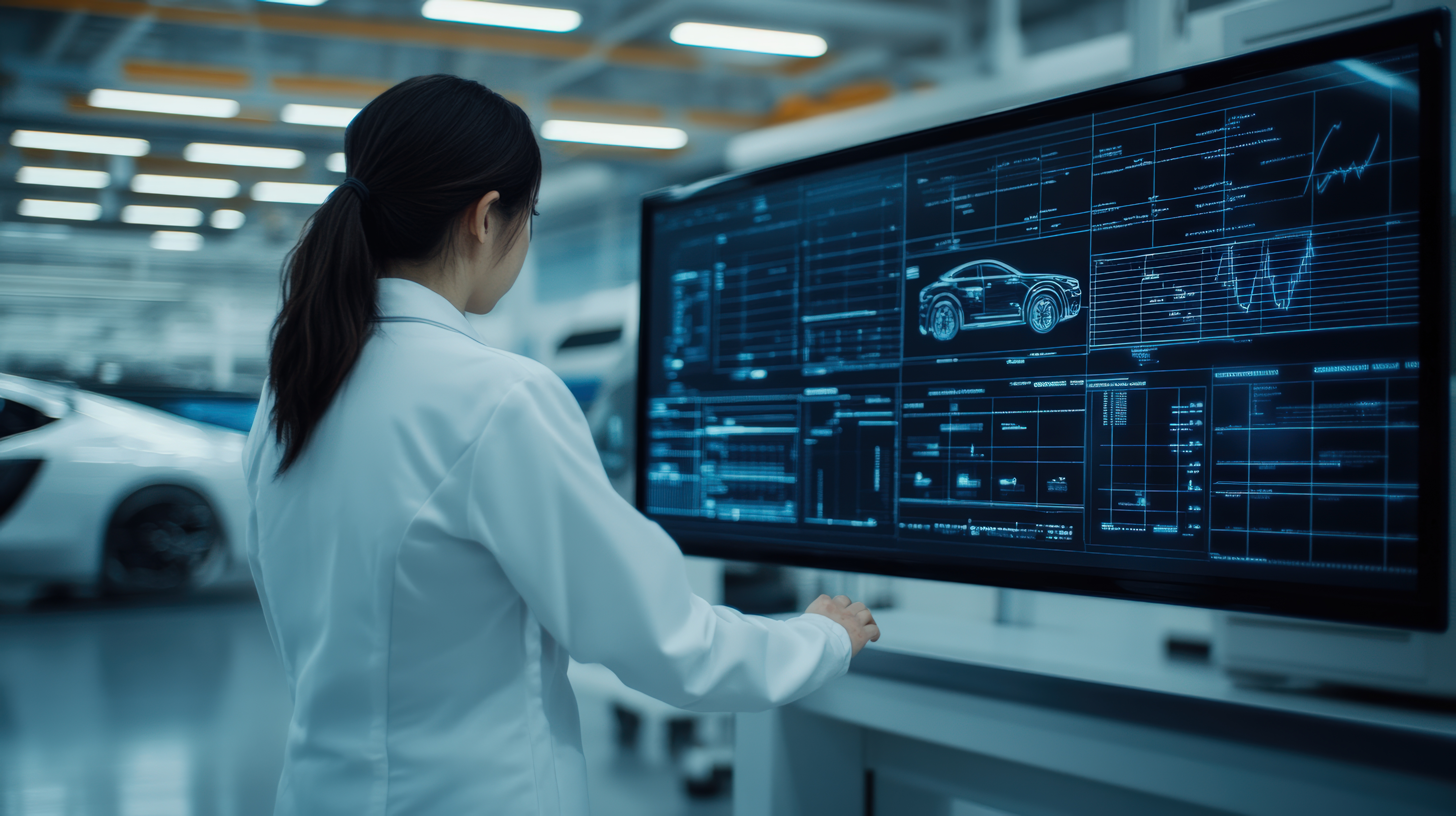 a person in a lab coat looking at a computer screen