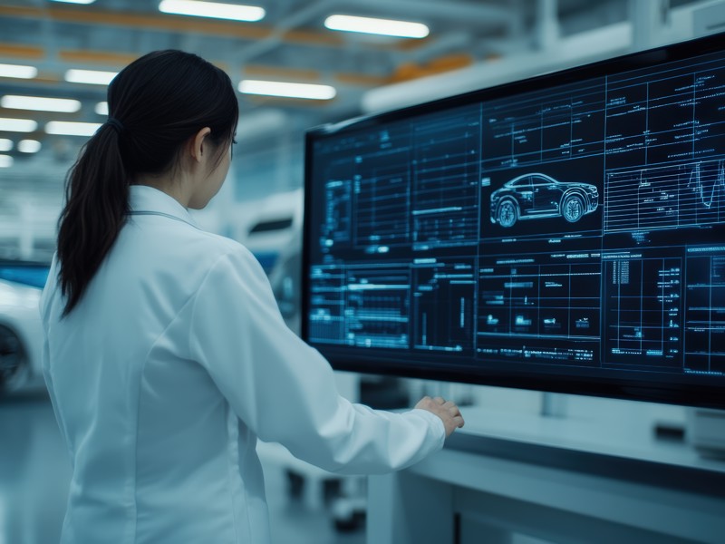 a person in a lab coat looking at a computer screen