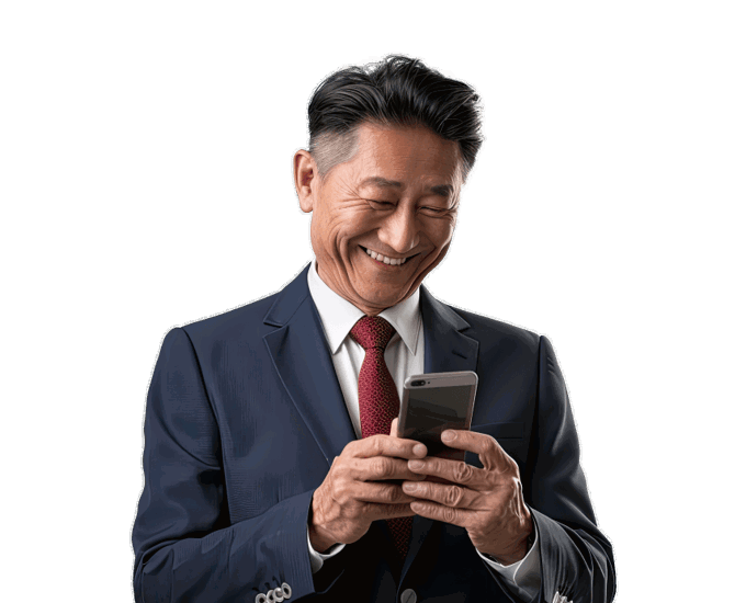 a person in a suit smiling and holding a phone