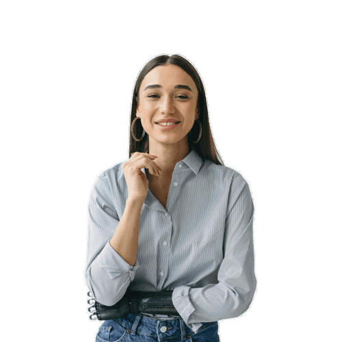 a person smiling with her hand on her chin
