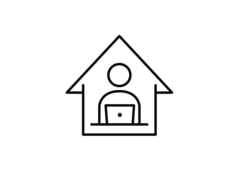 a black and white line drawing of a person with a laptop in a house