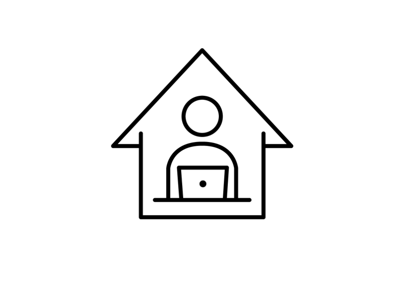 a black and white line drawing of a person with a laptop in a house