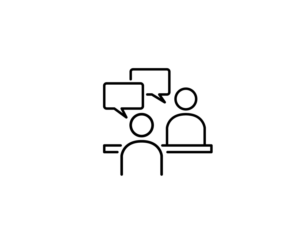a black line drawing of people talking