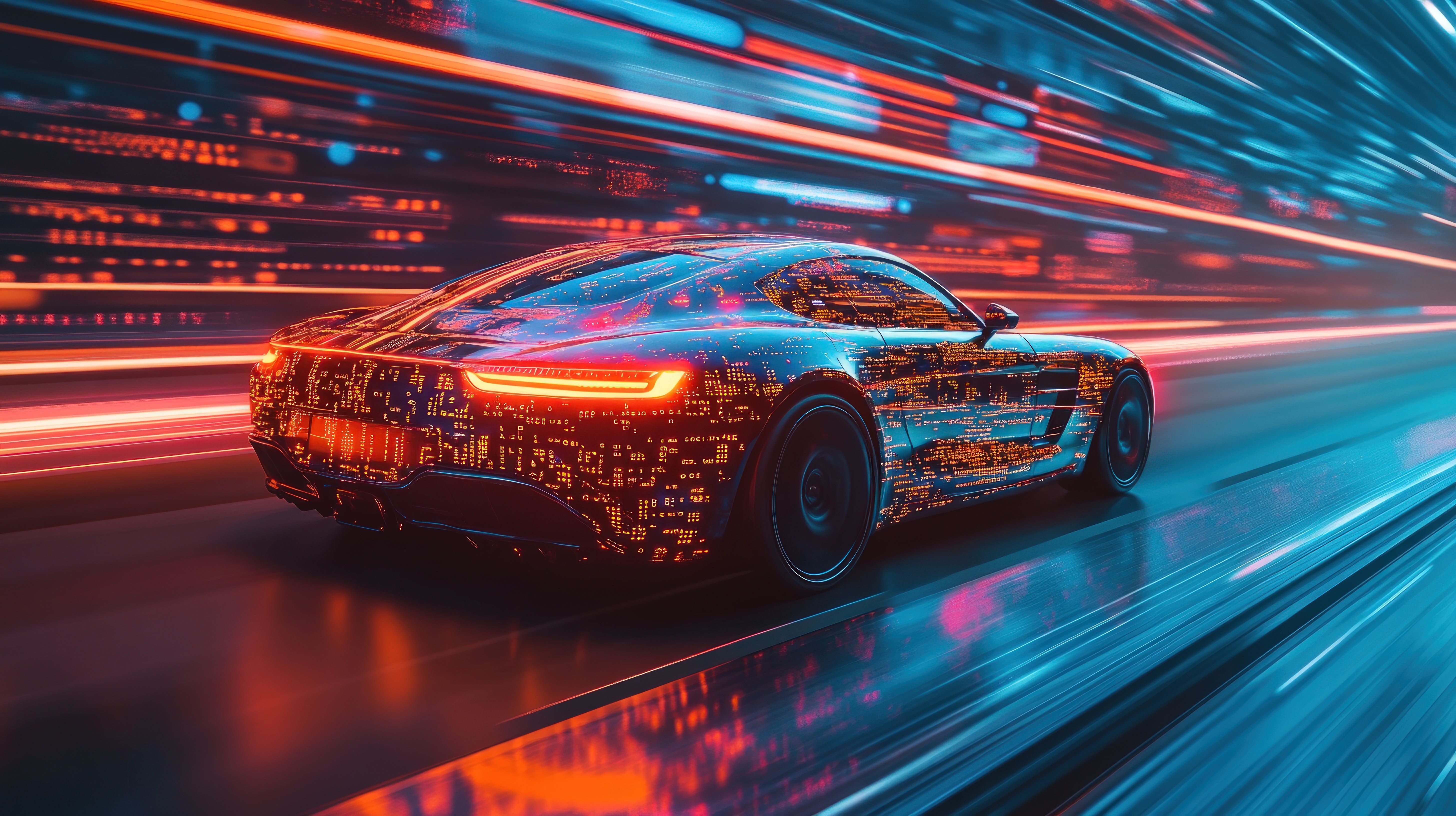 a sports car on a road with red and blue lights