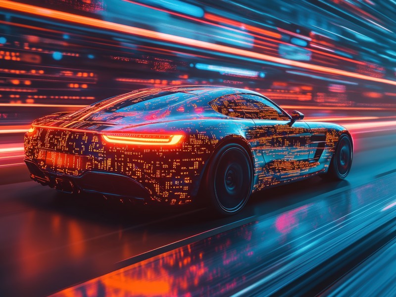 a sports car on a road with red and blue lights