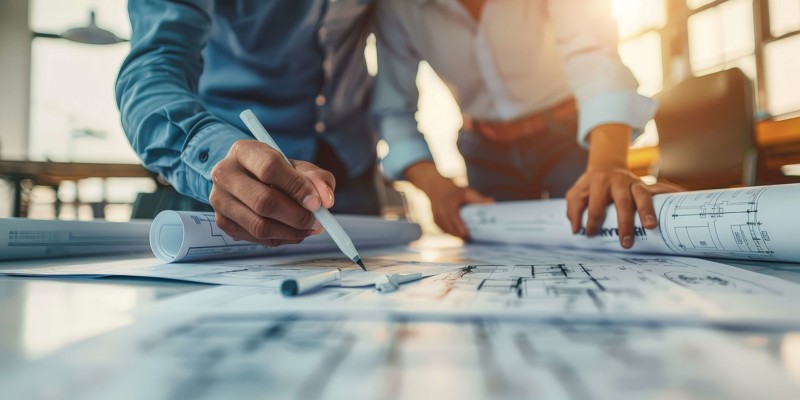 a close-up of a person's hands holding a pen over a blueprint